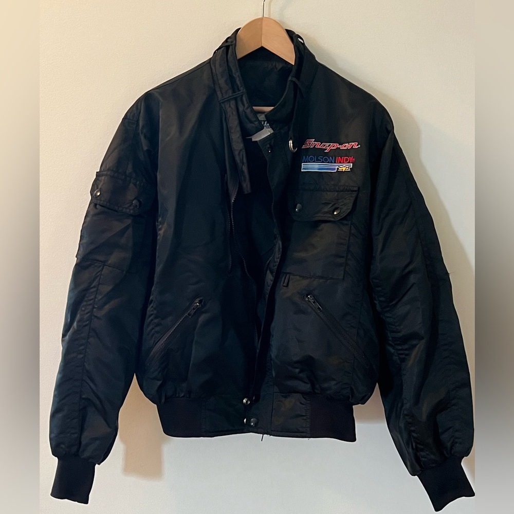 Vintage Black Satin Bomber Style Snap-On Molson Indy Jacket - Size Medium